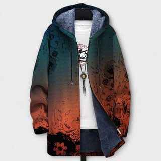 Manteau à capuche zippé dégradé vert-bleu à orange, motifs floraux