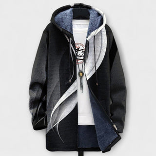 Manteau à capuche zippé noir, doublure capuche gris clair, pan blanc