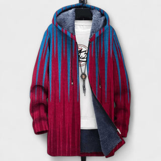 Manteau à capuche zippé rayé rouge et bleu, doublure capuche grise