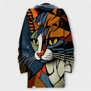 Manteau à capuche zippé motif chat, bleu, orange et noir