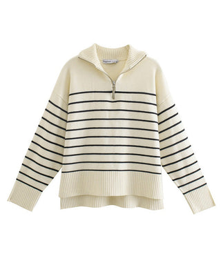 Blouse en maille rayée, col zippé, coupe ample, blanc cassé et bleu marine