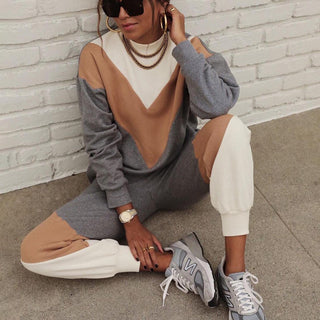 Ensemble sweat décontracté gris à empiècements brun et manches longues, pantalon assorti