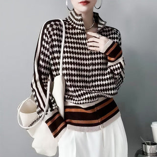 Blouse maille pied-de-poule noire/blanche, fermeture éclair, rayures marron et poignets