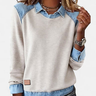 Pull femme beige à col en jean superposé, manches longues, étiquette cuir au bas