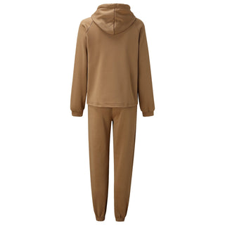 Ensemble sweat à capuche beige vue dos, pantalon assorti, coutures et capuche cintrée.