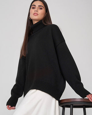 Pull en tricot surdimensionné col montant noir, manches longues, poignets côtelés