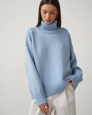 Blouse en tricot surdimensionnée bleu clair à col montant côtelé, ourlet côtelé