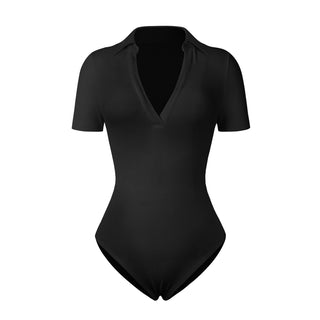 Body camisole noir à col en V, manches courtes, forme ajustée