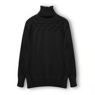 Pull en tricot noir à col roulé, motif torsadé, manches longues