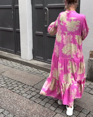 Robe Maxi avec Imprimé, Manches Volantes & Col Montant – Élégante & Aérée