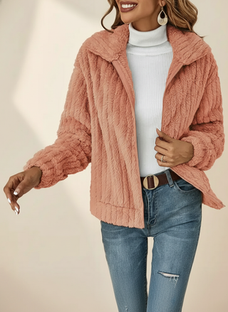 Cardigan femme à fermeture éclair, manches longues, texture bouclette abricot.