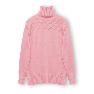 Pull en tricot rose clair à col roulé, manches longues, finition côtelée en bas