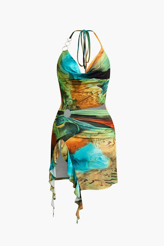 Mira | Robe Mini à Col Halter avec Fente Asymétrique et Imprimé Artistique