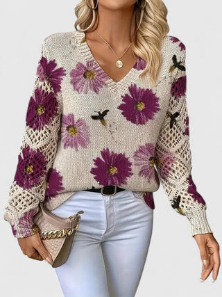 Pull en maille violet à motif floral, encolure V, manches ajourées