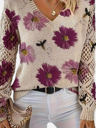 Pull femme col V en tricot crème, fleurs violettes et jaunes, manches ajourées