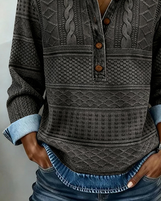 Pull manches longues gris foncé à motif jacquard, demi-boutonnage et col chemise