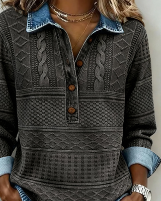 Pull manches longues gris foncé à motif tricot, demi-boutonnage et col chemise