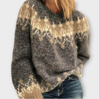 Pull en coton tricoté gris clair à motifs jacquard, encolure ronde