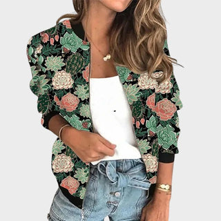Manteau élégant de printemps à manches trois-quarts, vert foncé fleuri