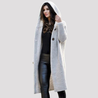 Veste en tricot à capuche bleu clair, fermeture boutonnée, manches longues, mi-longue