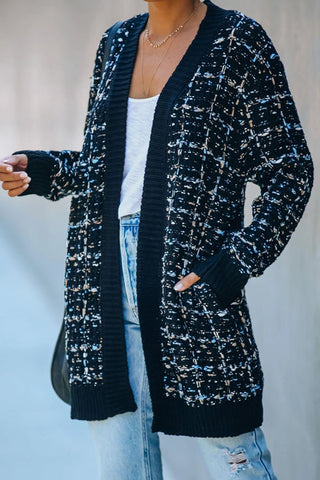 Cardigan longline marine ouvert en tweed bouclé à éclats clairs, poches, manches longues