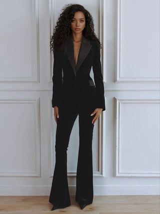 Blazer en velours noir pour femme, coupe slim, fermeture à bouton unique, col satiné