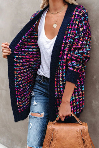 Cardigan longline ouvert en tweed bouclé multicolore violet et bleu marine, poches, manches longues