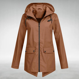Veste imperméable café à capuche, zip central, deux poches boutonnées, cordons.