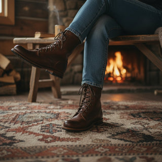 Bottes mi-mollet en cuir marron à lacets, portées avec un jean et bout arrondi