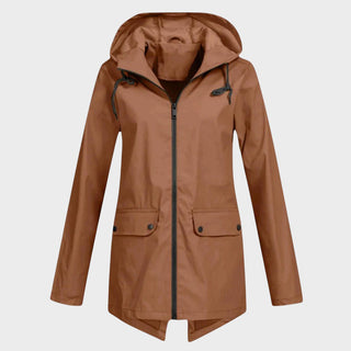 Manteau imperméable à capuche marron, zip central et poches boutonnées