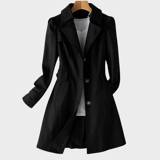 Manteau en gabardine vintage noir, col à revers, boutonnage double, ceinture.