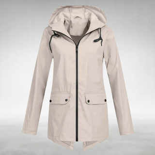 Veste imperméable blanc cassé à capuche, zip central, deux poches boutonnées, cordons.