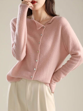 Cardigan femme rose clair, encolure V, rangée de boutons devant, manches longues côtelées
