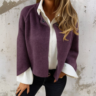 Manteau court chaud violet, col boutonné, manches longues évasées