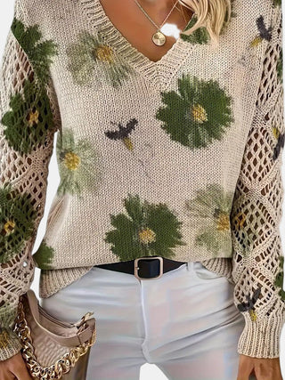 Pull femme col V en tricot crème, fleurs vertes et jaunes, manches ajourées