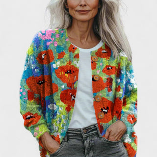 Gilet en maille ouverte manches longues, motifs animaux colorés, fond bleu