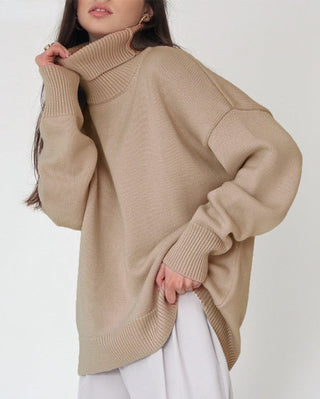 Blouse en tricot surdimensionnée beige à col montant côtelé, manches longues