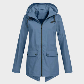 Manteau imperméable à capuche bleu marine, zip central et poches boutonnées
