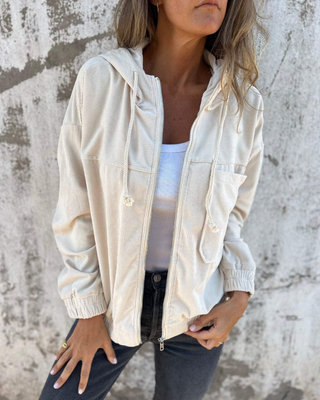Veste à capuche en velours côtelé blanche, zip et poches avant