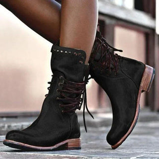Bottes femme cheville noires à lacets, empiècements et œillets