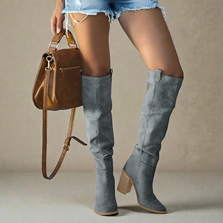 Bottes hautes grises à bout fermé, talon bloc