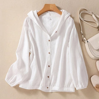 Veste à capuche en lin blanc boutonnée, manches longues, col en V