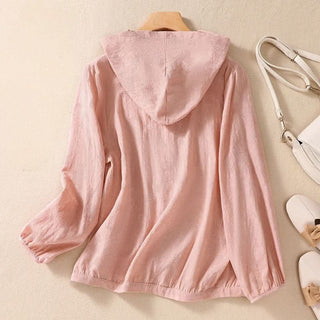 Veste à capuche en lin rose pâle boutonnée, capuche au dos, manches longues