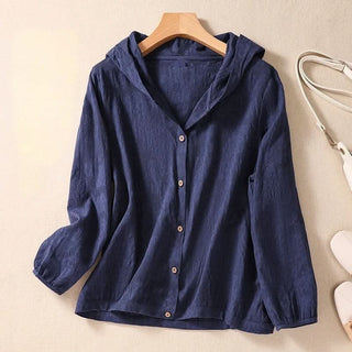 Veste à capuche en lin bleu marine boutonnée, capuche, manches trois-quarts