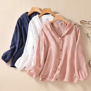 Veste à capuche en lin rose, fermeture boutonnée, manches longues et poignets élastiqués