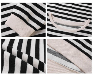 Détail blouse rayures noir et blanc, jersey doux, encolure côtelée