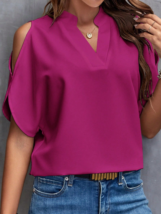 Blouse fuchsia à col V, manches courtes évasées, tissu fluide