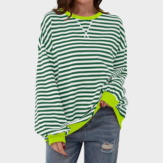 Pull à manches longues rayé vert et blanc, encolure en V, poignets jaune fluo