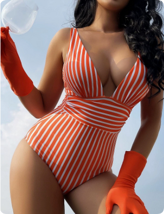 Maillot de bain Aurora rouge et blanc à rayures, décolleté en V, une pièce