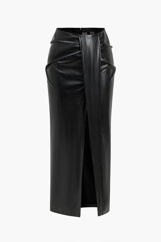 Dorle | Jupe midi en simili cuir élégante avec effet portefeuille et fente haute